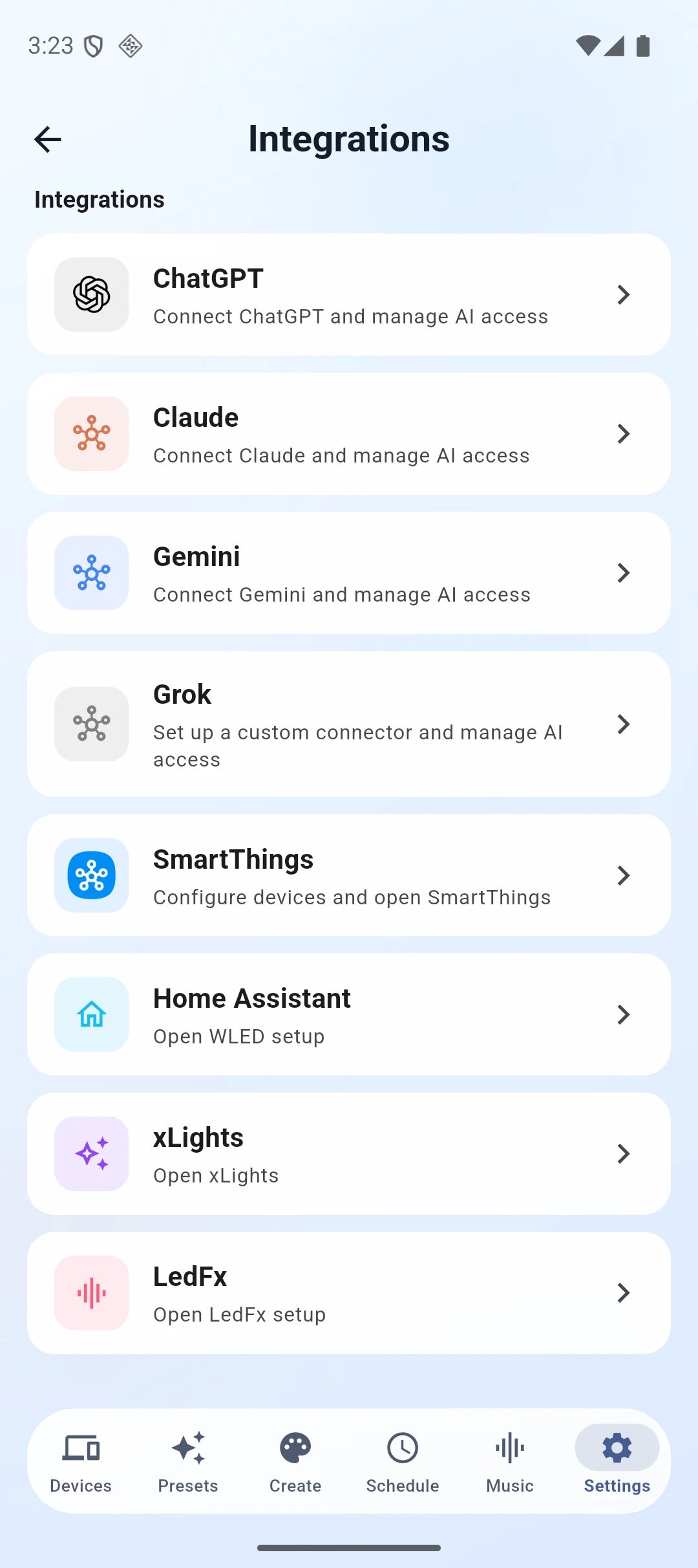 BHL Integrations screen listing ChatGPT, Claude, Gemini and Grok
