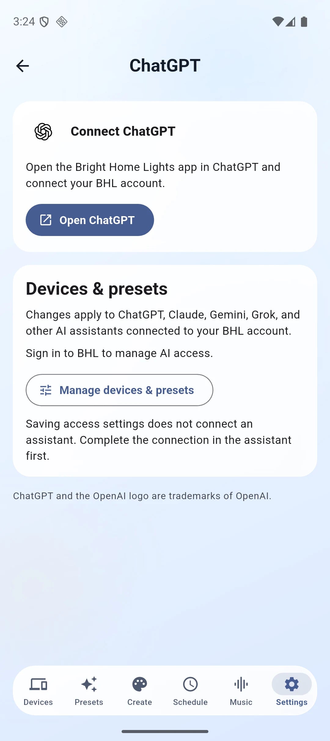 BHL Chatgpt connection screen and Manage devices and presets button