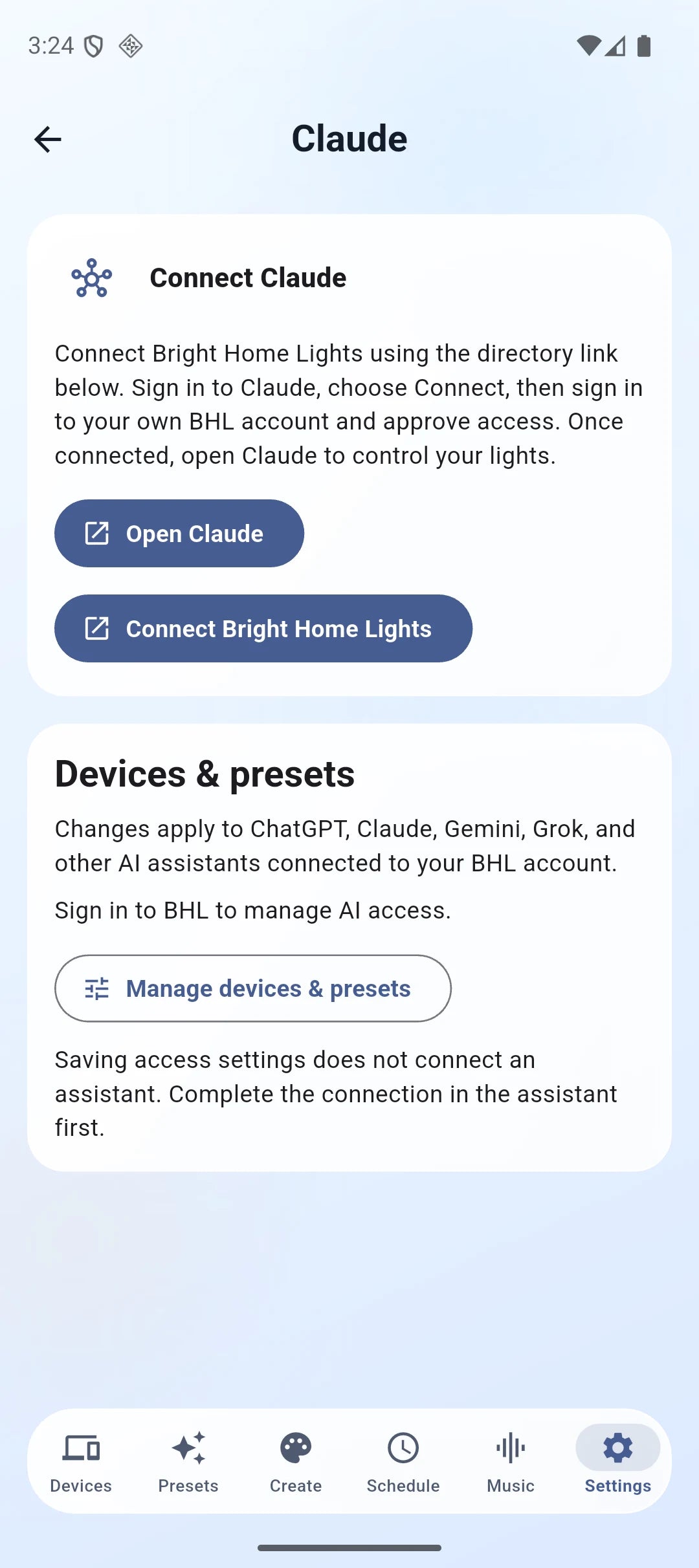 BHL Claude connection screen and Manage devices and presets button