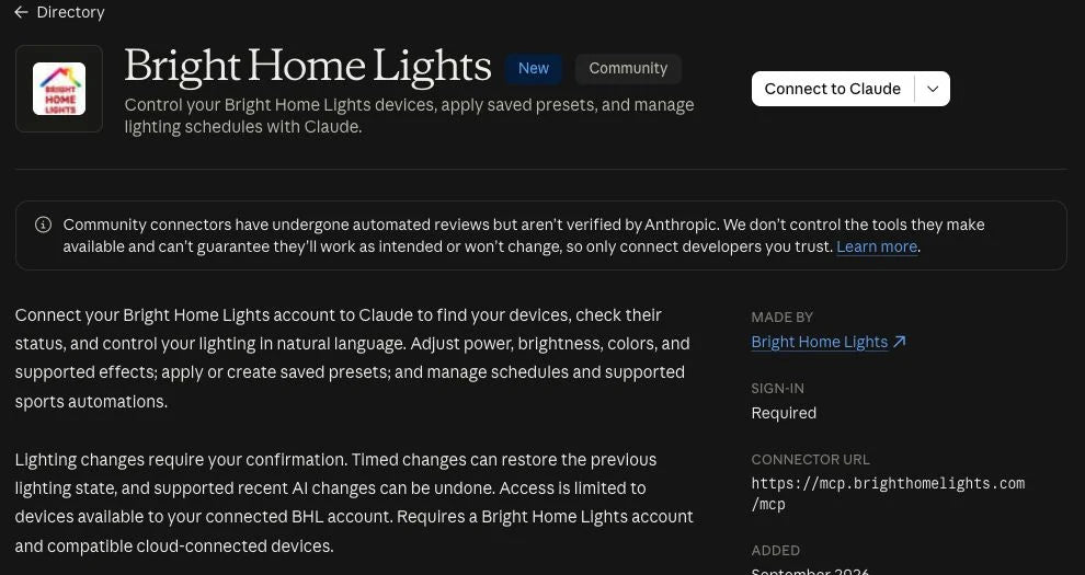 Published Bright Home Lights Community listing in Claude with Connect to Claude button