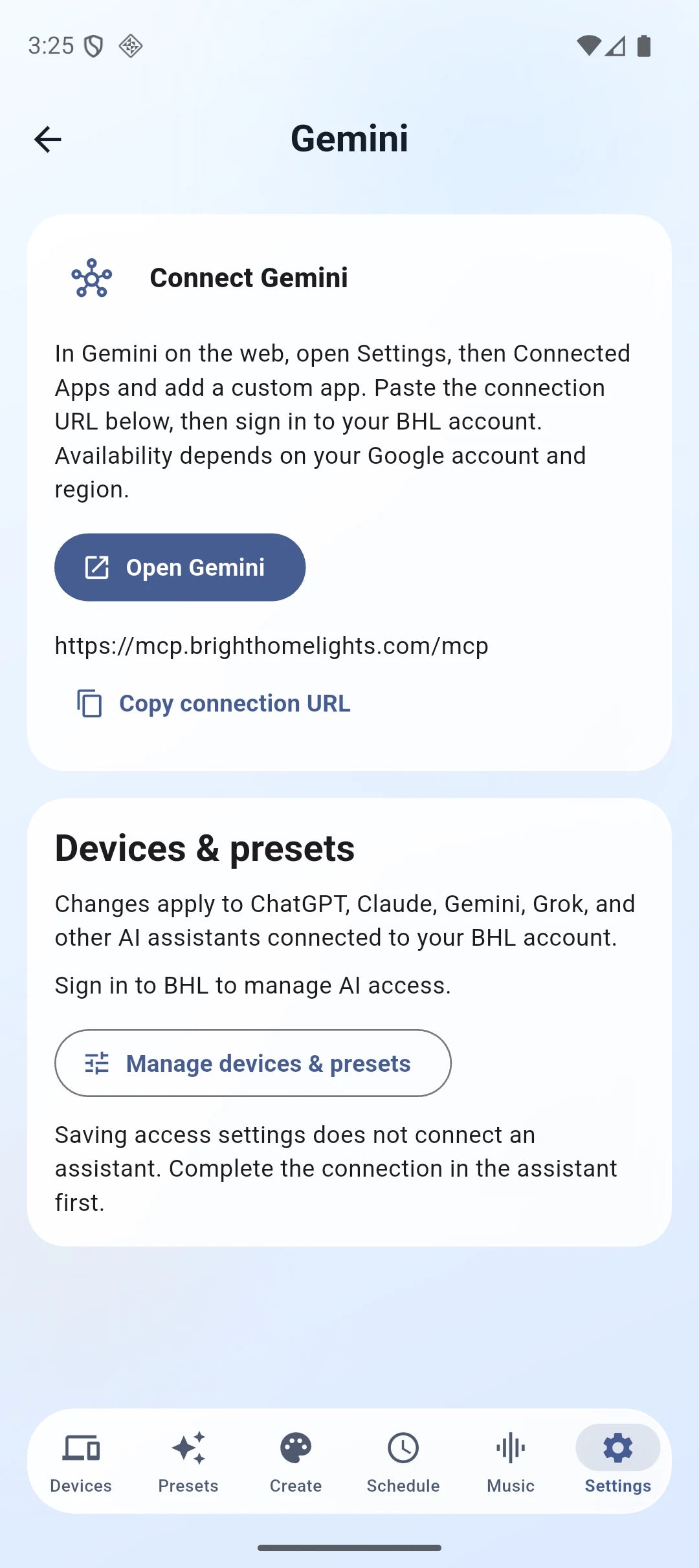 BHL Gemini connection screen and Manage devices and presets button