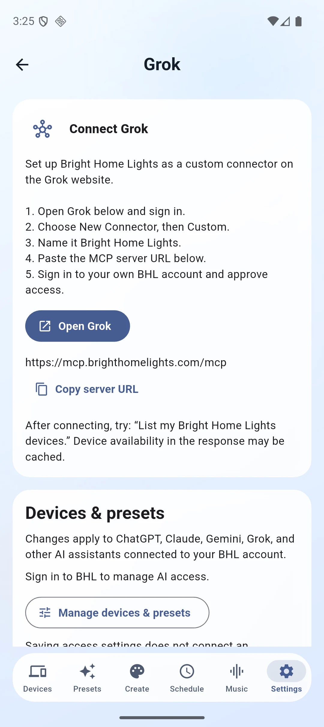 BHL Grok connection screen and Manage devices and presets button