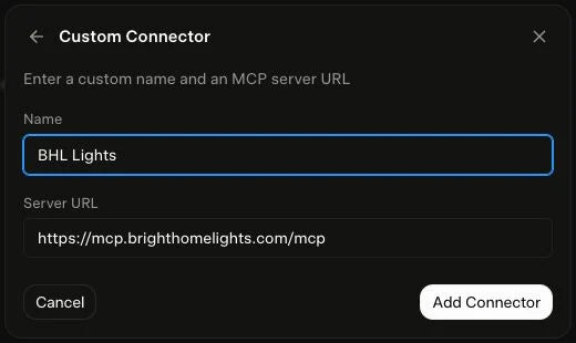 Grok custom connector form with BHL Lights name and BHL MCP server URL