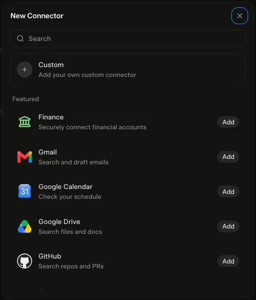 Grok New Connector dialog with Custom option