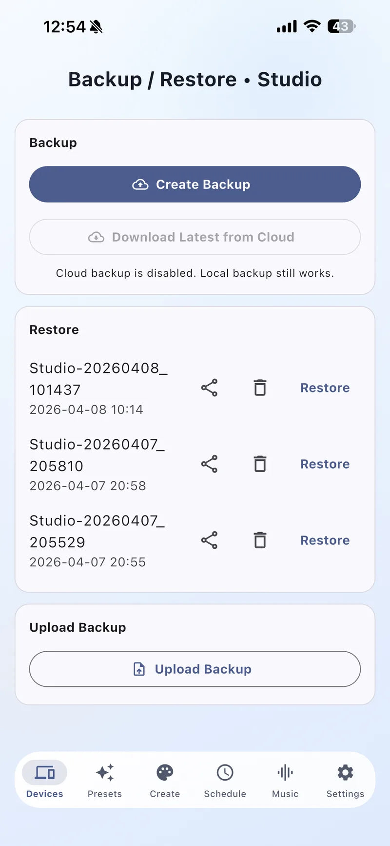 Bright Home Lights app backup and restore controls