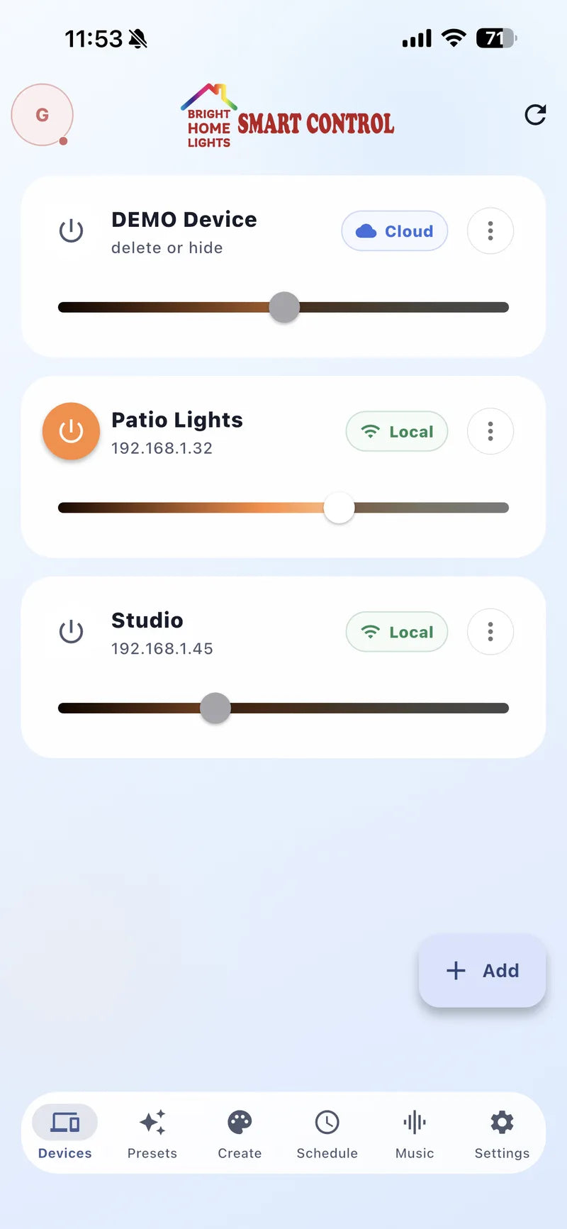 Bright Home Lights app Devices screen showing a connected lighting controller