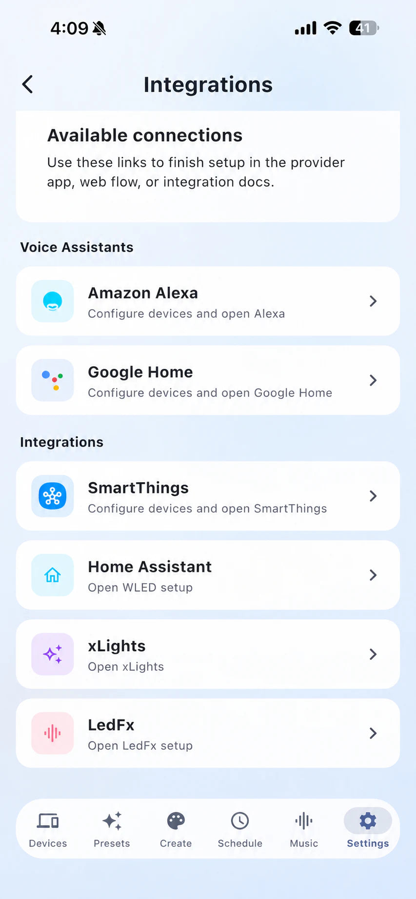 Bright Home app Integrations screen with Amazon Alexa available