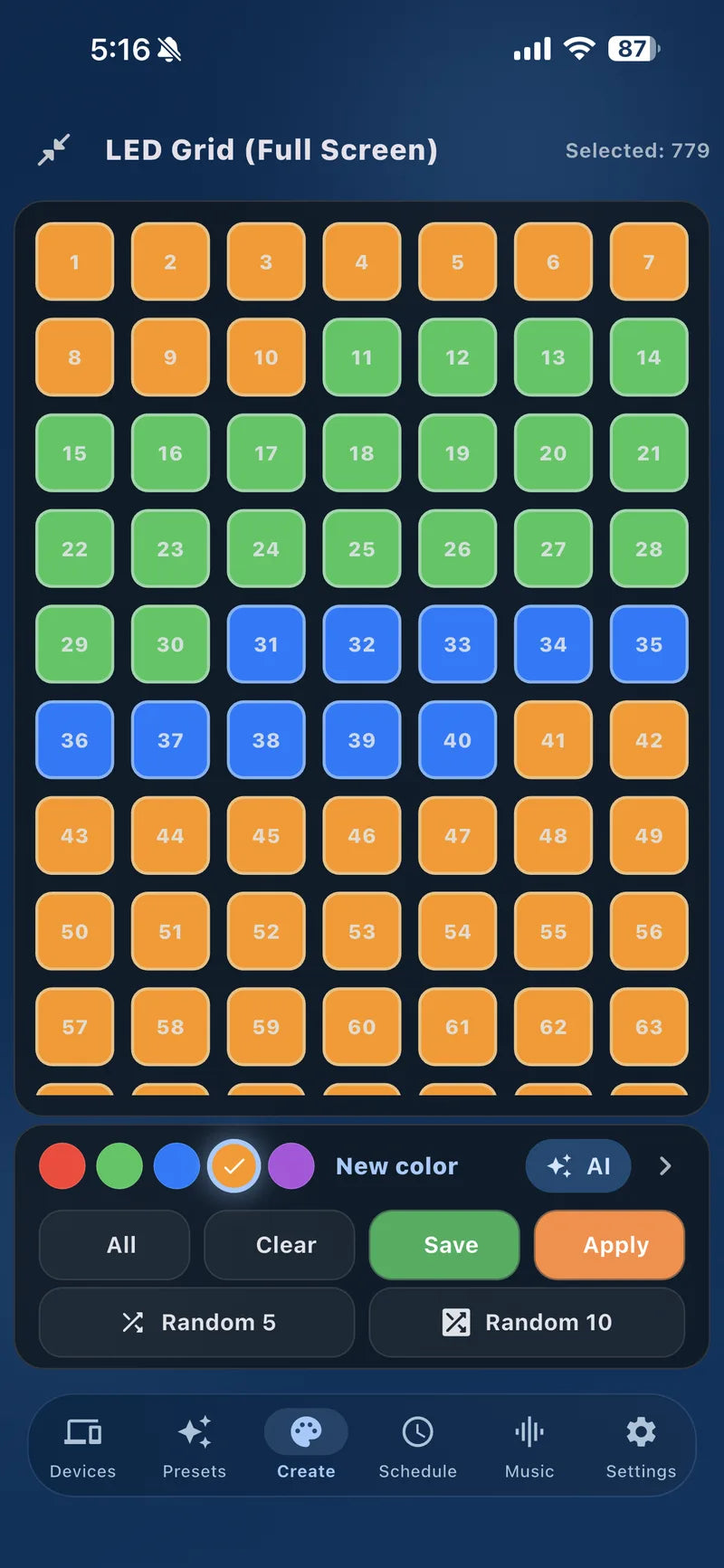 Bright Home app LED grid used to confirm individual puck-light coverage
