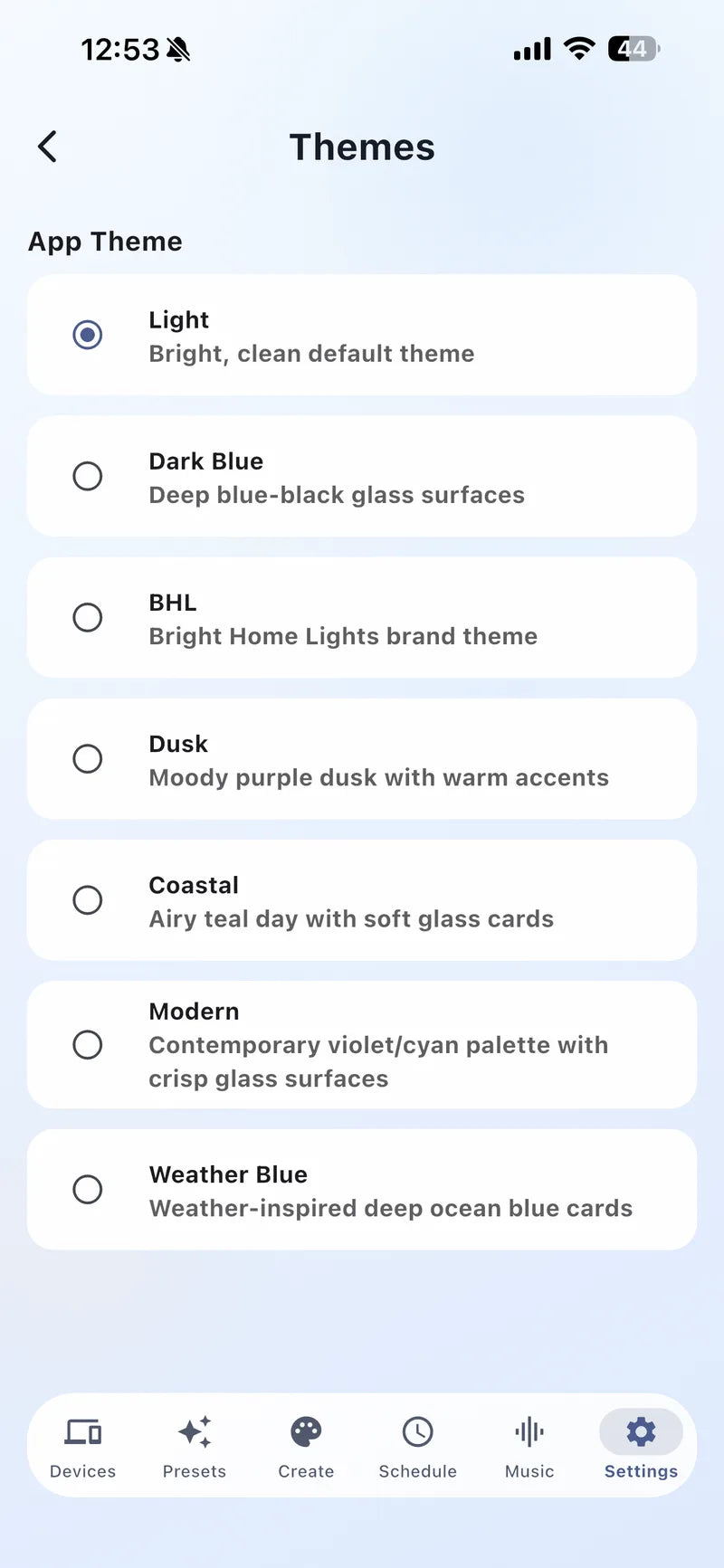 Bright Home Lights app theme picker with light and dark interface themes