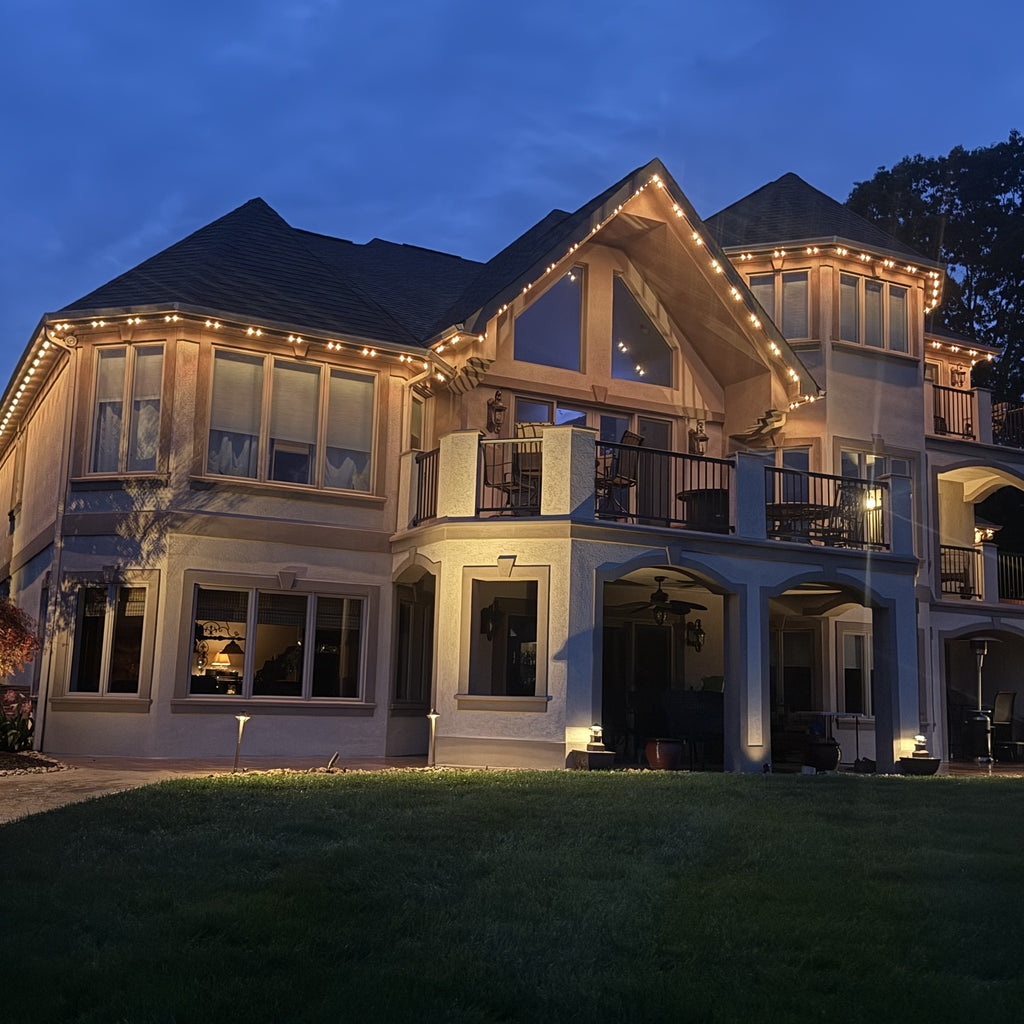 Large stucco estate home with warm white permanent LED lights along the roofline and balconies