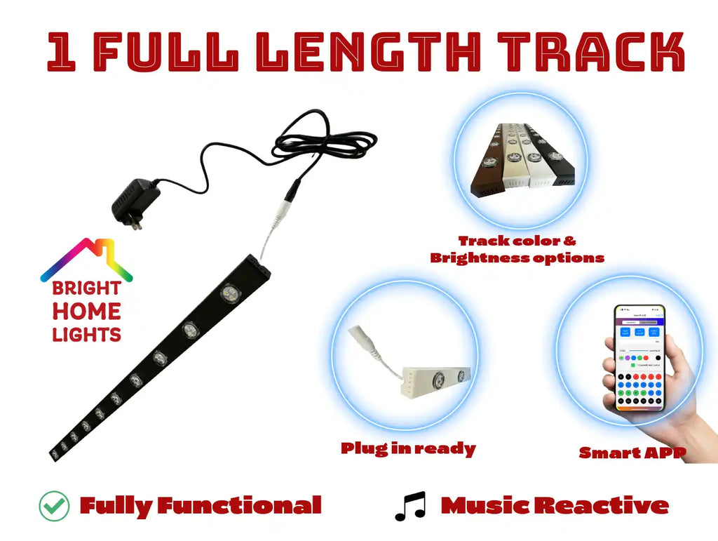 Permanent LED demo track with puck lights, controller connection, and power adapter