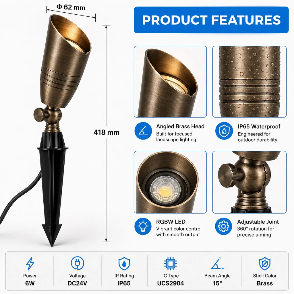 BHL smart landscape light feature graphic showing solid brass housing, IP65 rating, RGBW LED, 24V DC, and adjustable joint