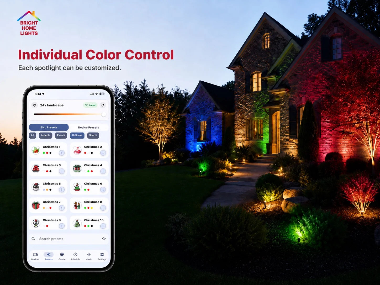 BHL smart landscape lighting color control scene with phone app and RGBW lights illuminating a home exterior