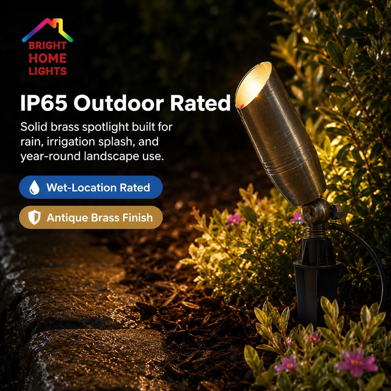 BHL IP65 outdoor rated solid brass spotlight illuminating landscaping in wet location outdoor use
