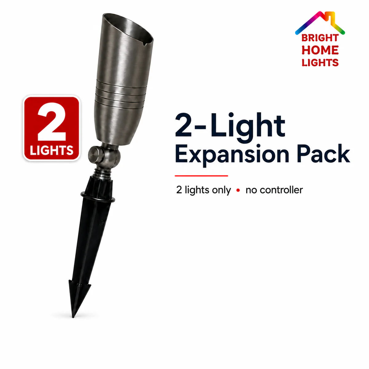 Two solid-brass 24V RGBW landscape lights included in the 2-light expansion pack