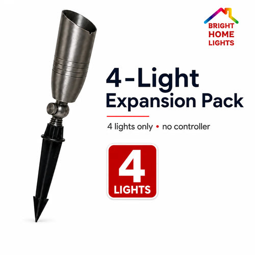Four solid-brass 24V RGBW landscape lights included in the 4-light expansion pack