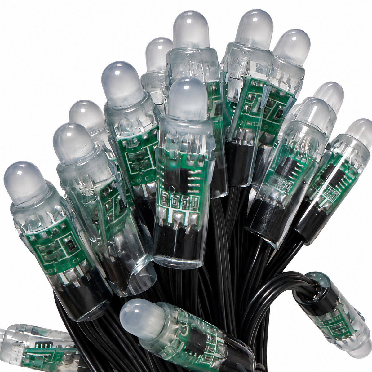 Close-up of clear 12mm bullet pixel housings, rounded diffusers, circuit boards and black wiring.