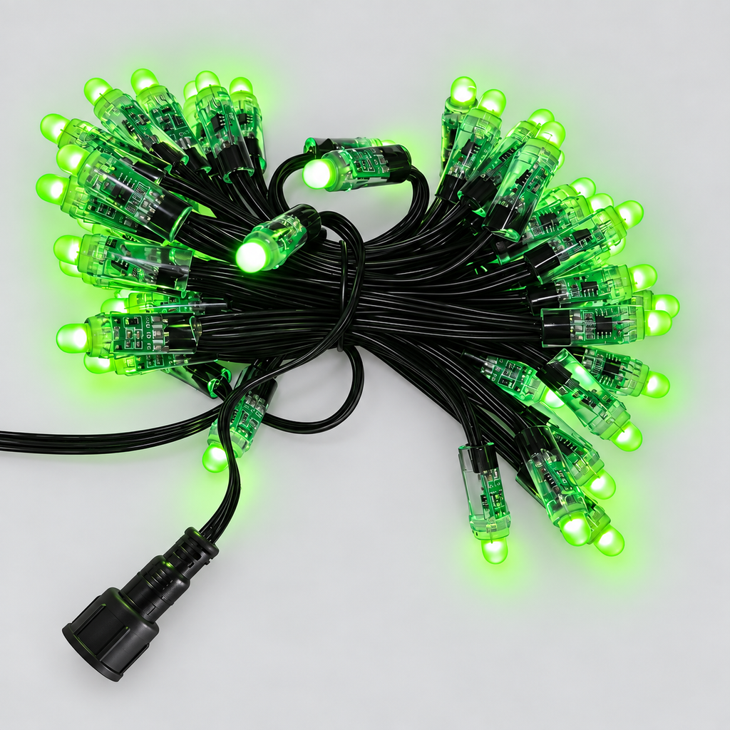 Bright Home Lights bullet pixel bundle illuminated green with black wiring and an end connector.
