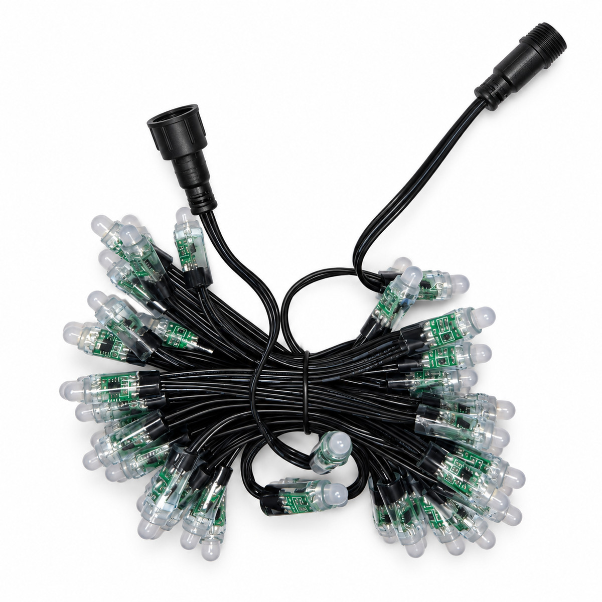 Bright Home Lights 12V RGB bullet pixel string with clear nodes, black wiring and xConnect connectors.