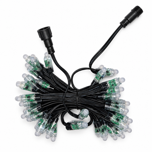 Bright Home Lights 12V RGB bullet pixel string with clear nodes, black wiring and xConnect connectors.