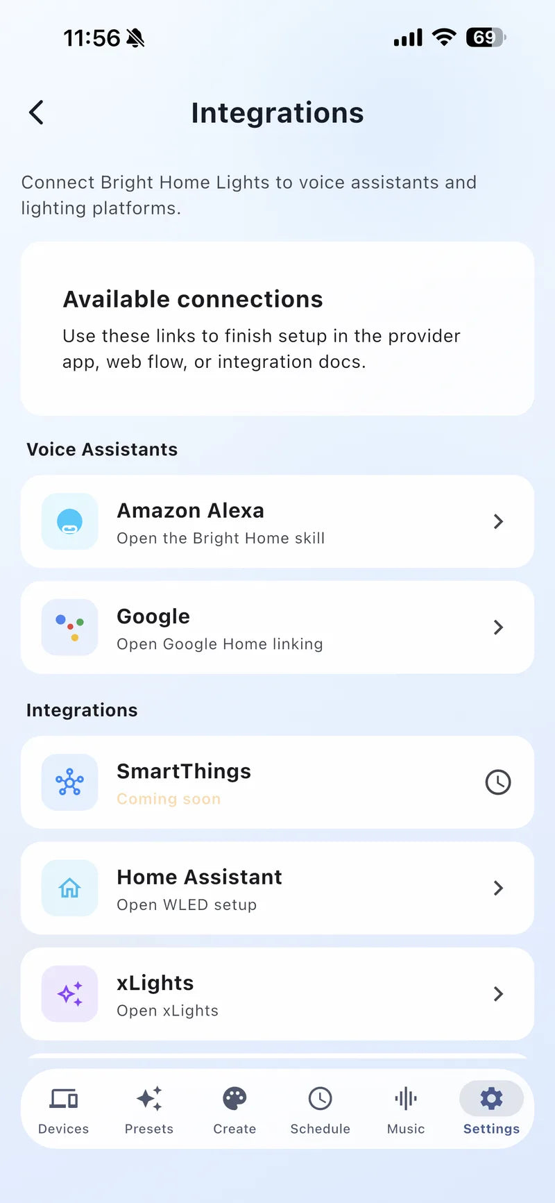 Bright Home Lights app integrations screen showing Google Home and Alexa options