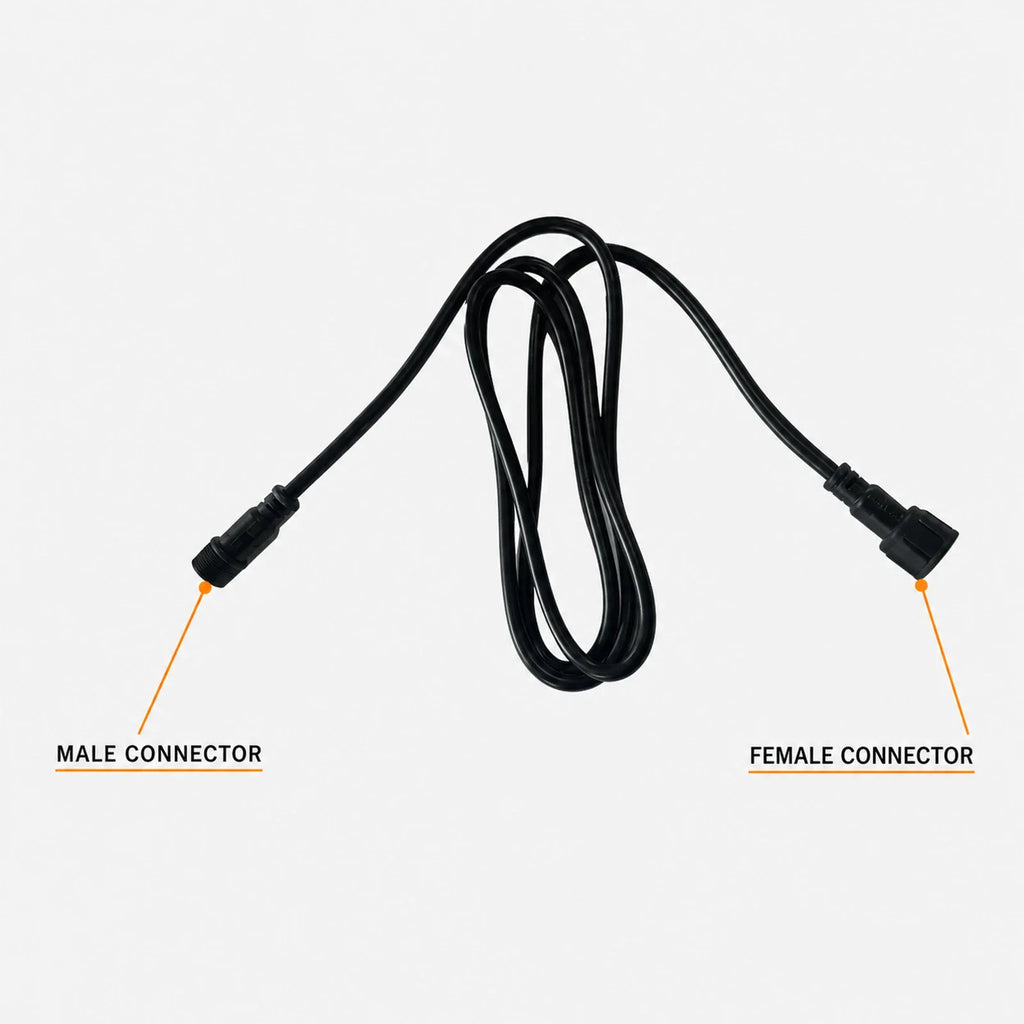 Male and female connector ends identified on a black xConnect extension cable