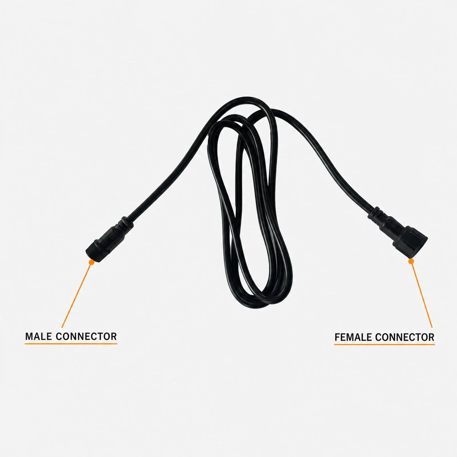 Male and female connector ends identified on a black xConnect extension cable