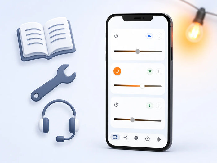 Bright Home Lights Help Center illustration featuring app controls, a guide, repair tool, and support headset