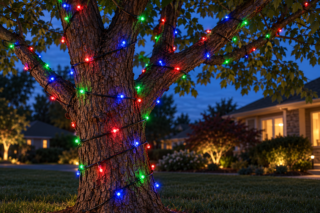Illustrative tree trunk and branches wrapped with multicolor pixel lights at twilight.