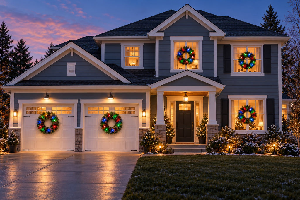 Illustrative two-story home at dusk with multicolor RGB pixel-lit Christmas wreaths on two garage doors and three windows.