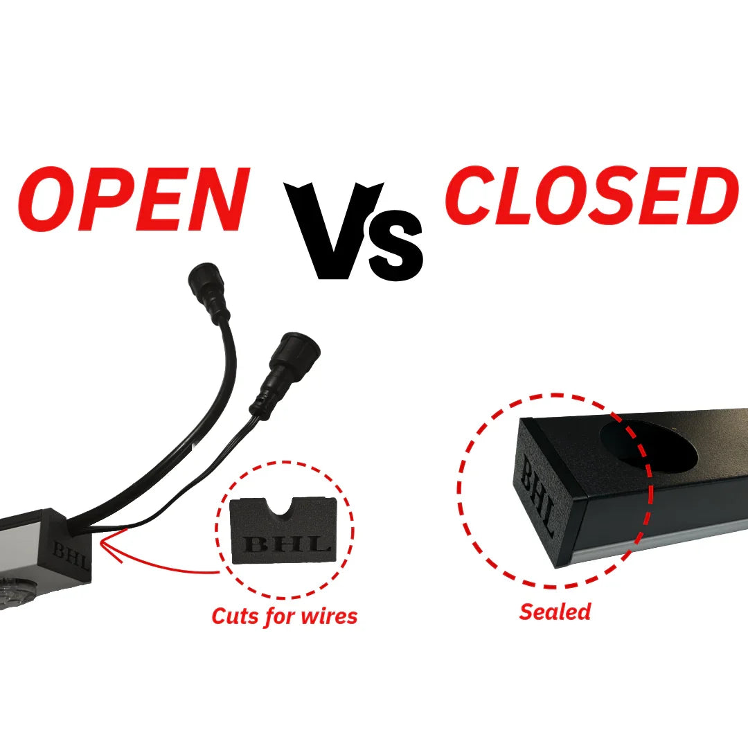 Comparison of open permanent LED track end cap with wire notch and closed end cap with solid face