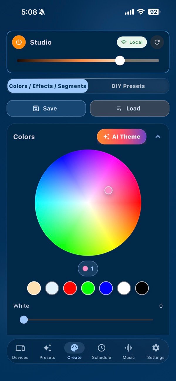Bright Home Lights app RGBW color picker for permanent outdoor lighting