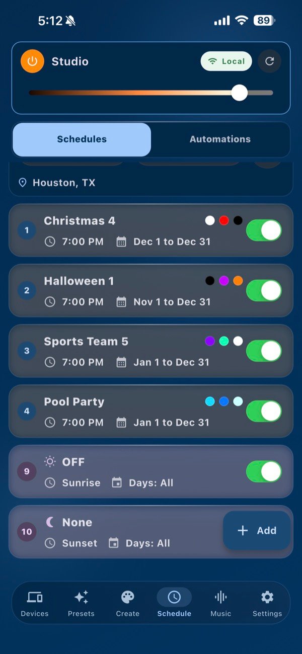 Bright Home Lights app schedule controls for automated permanent lighting
