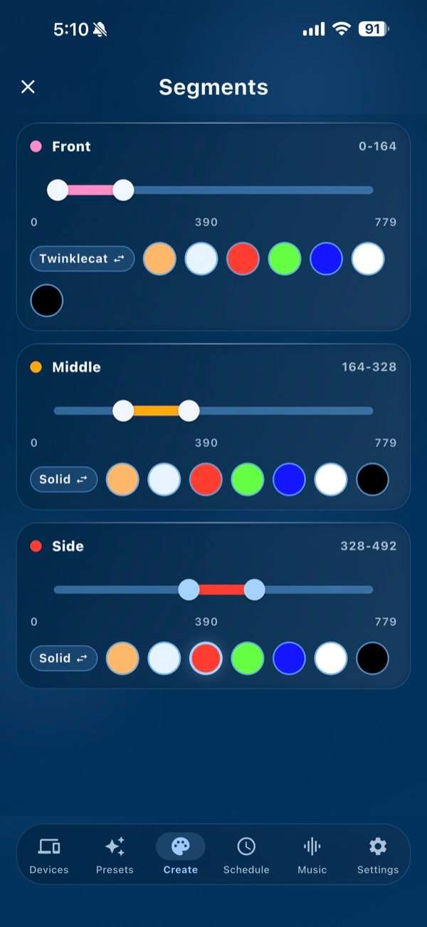 Bright Home Lights app segment controls for individual roofline zones