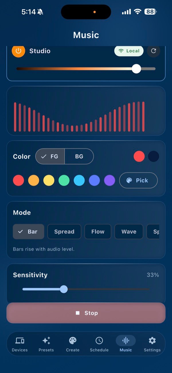 Bright Home Lights app music-reactive controls for permanent LED lighting