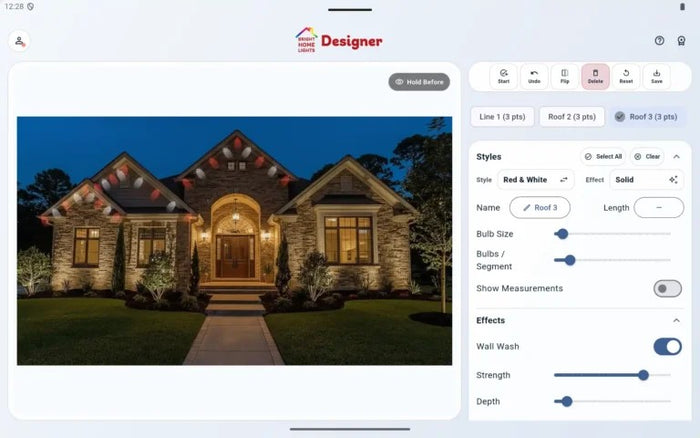 Bright Home Designer interface showing a roofline measurement and lighting layout