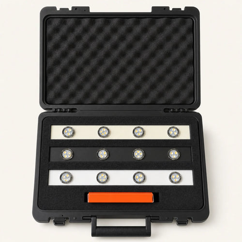 Open Bright Home Lights demo briefcase with twelve permanent LED puck lights on three track colors