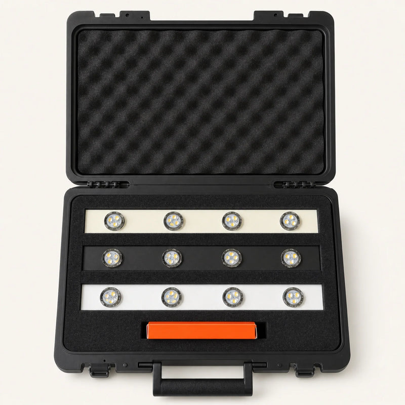 Open Bright Home Lights demo briefcase with twelve permanent LED puck lights on three track colors