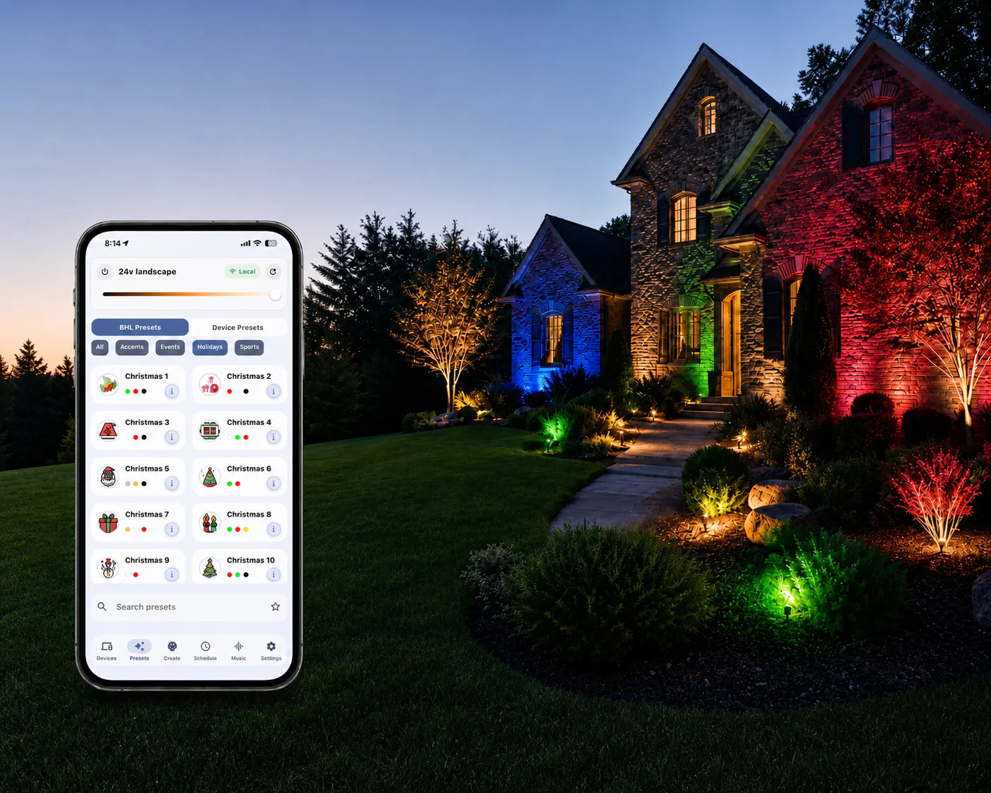 Smart RGBW landscape lighting illuminating a home with individual color control from the Bright Home app