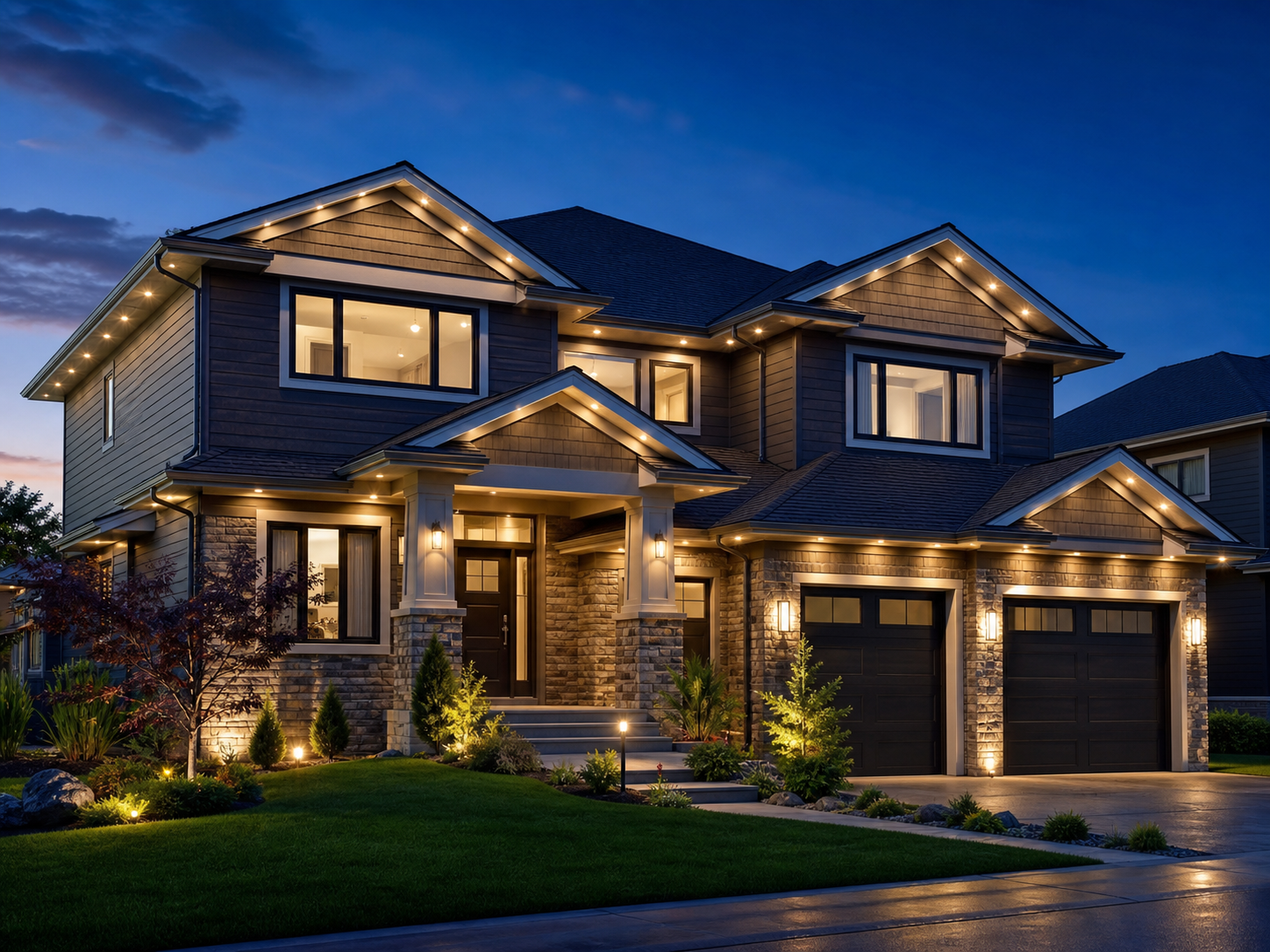 Modern home with warm-white permanent LED roofline lighting at blue hour