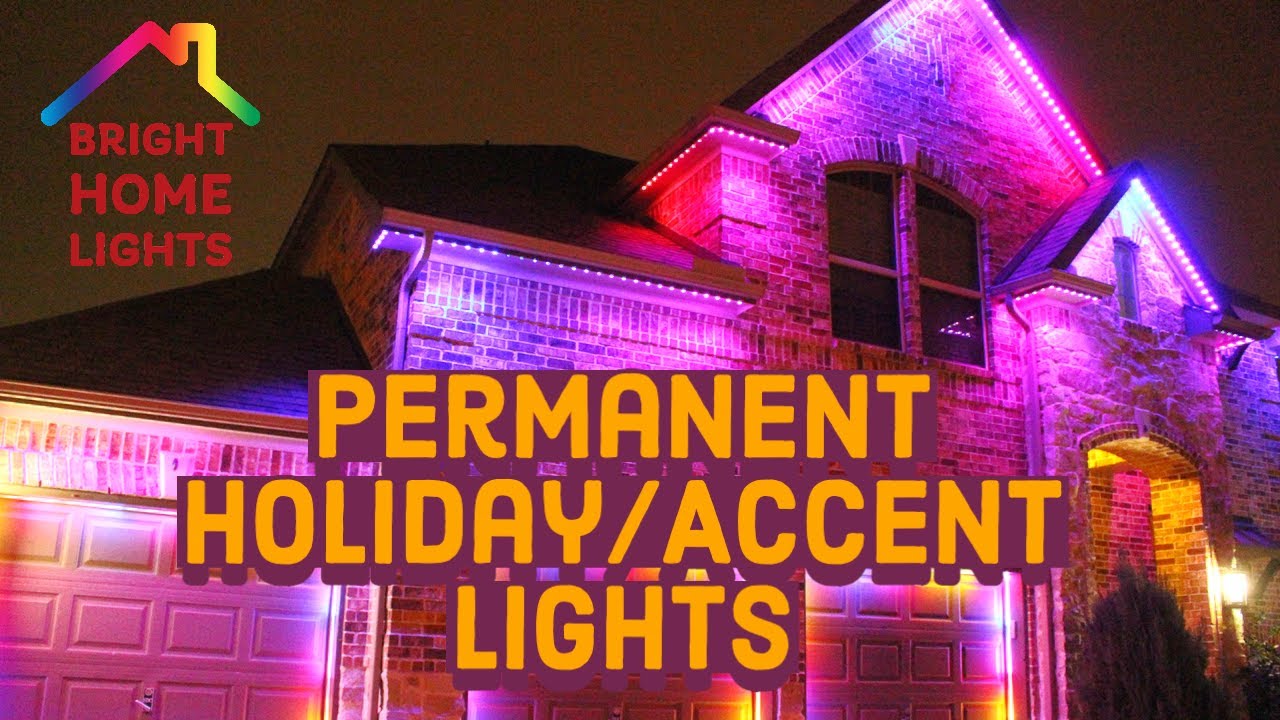 Bright Home Lights permanent outdoor LED roofline system illuminated in purple for the system explanation video