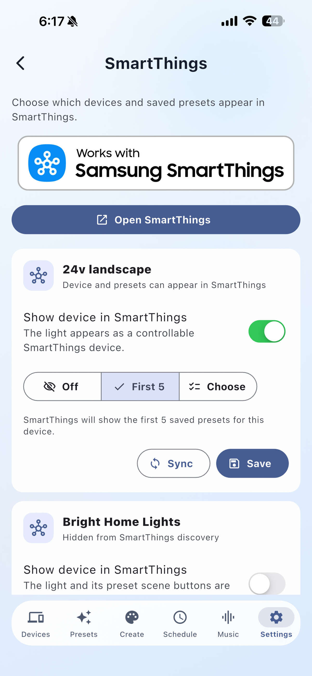 Bright Home Lights app SmartThings settings showing device visibility and saved preset controls