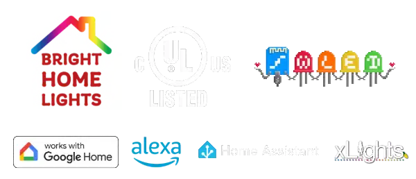Bright Home Lights compatibility badges including UL listing, Google Home, Alexa, Home Assistant, and xLights