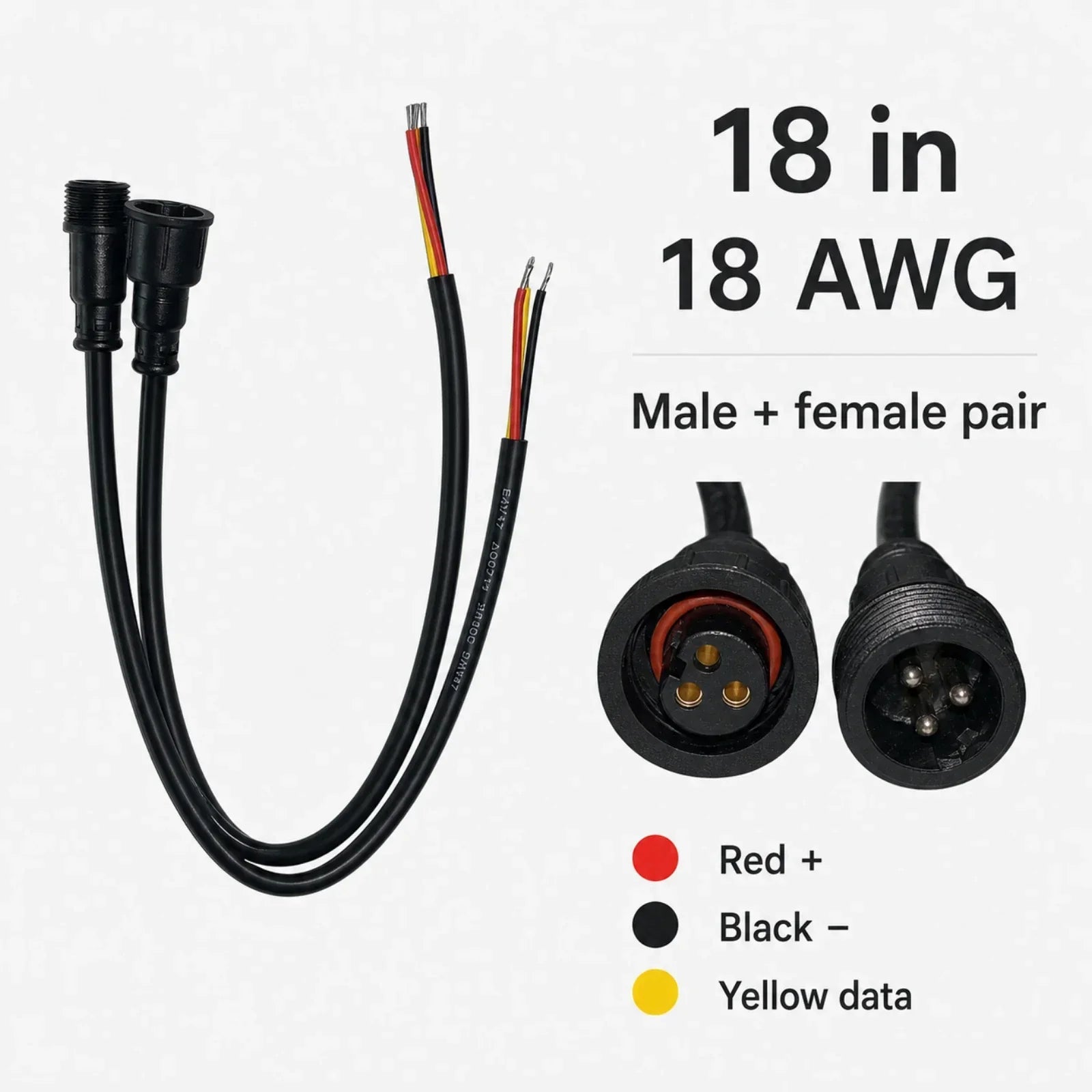 XConnect pigtail pair specifications showing 18-inch 18-AWG leads, male and female connectors, and wire-color guide