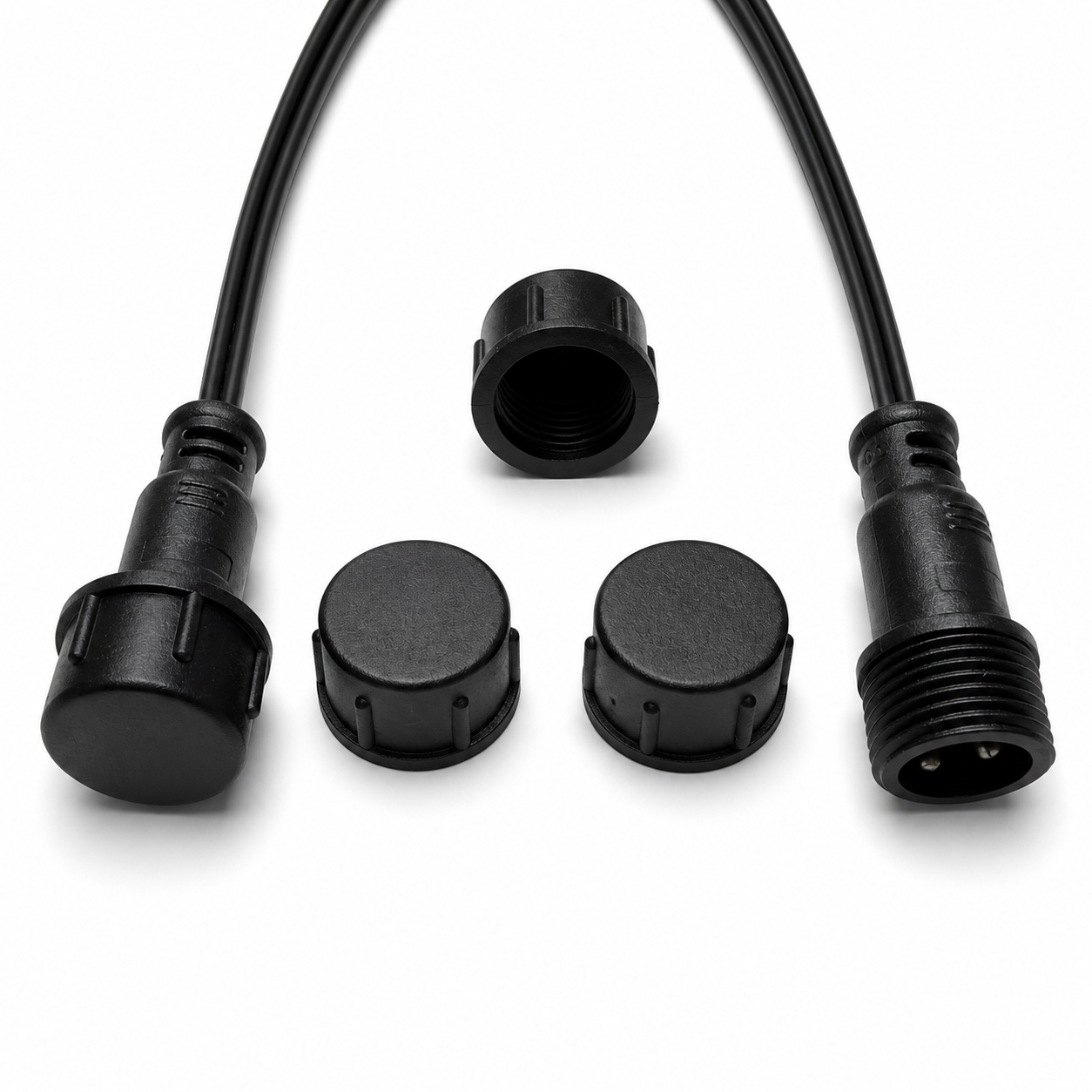 Five black waterproof XConnect caps for male 3-pin cable connectors shown with compatible plug ends