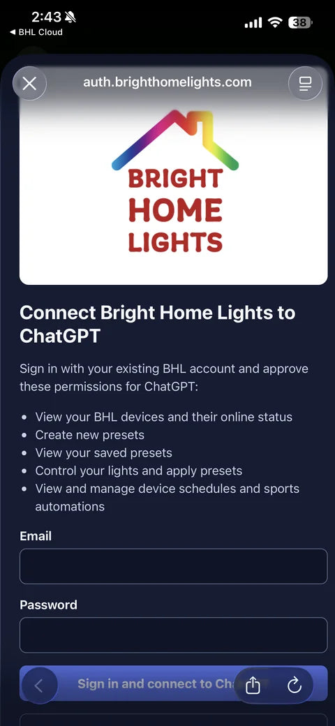 Bright Home Lights account sign-in page with ChatGPT permissions and blank email and password fields