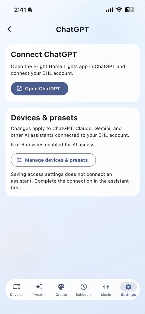 BHL app ChatGPT settings showing Open ChatGPT and Manage devices and presets