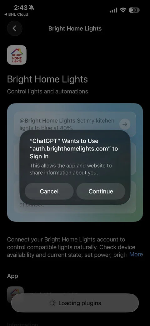 iPhone sign-in prompt for auth.brighthomelights.com with Continue button