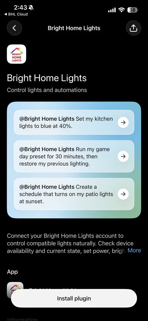 Bright Home Lights app in ChatGPT with the Install plugin button