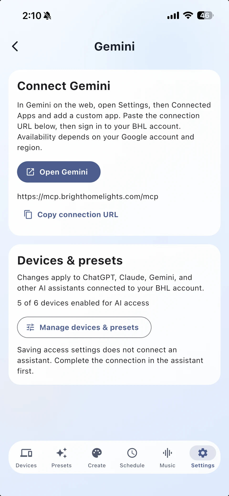 BHL app Gemini settings with Copy connection URL and Manage devices and presets